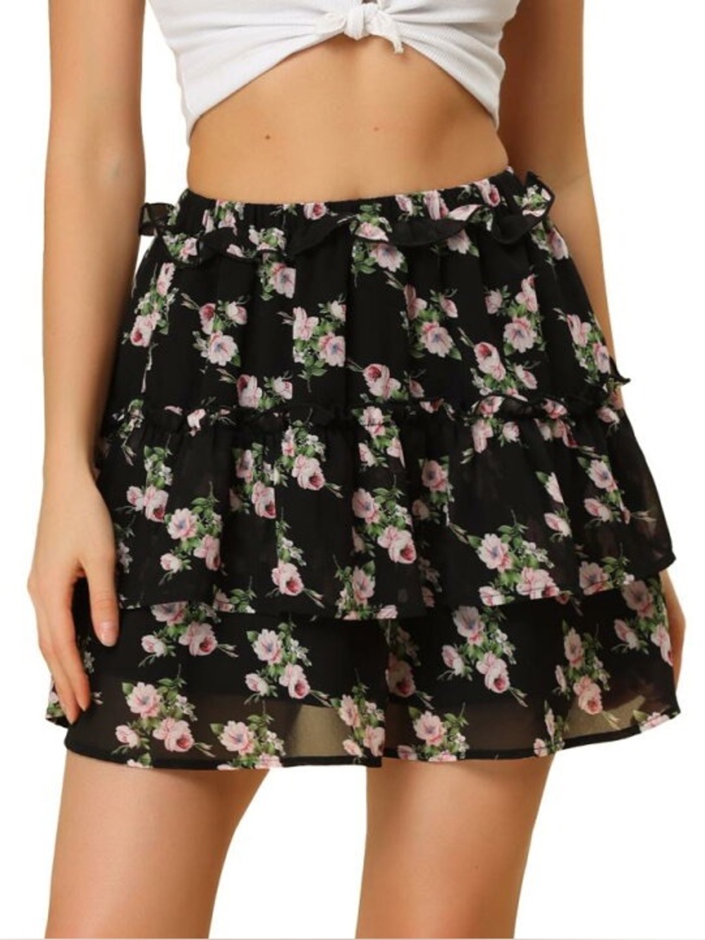 Allegra K size large Black Skirt with Pink Floral and Ruffles